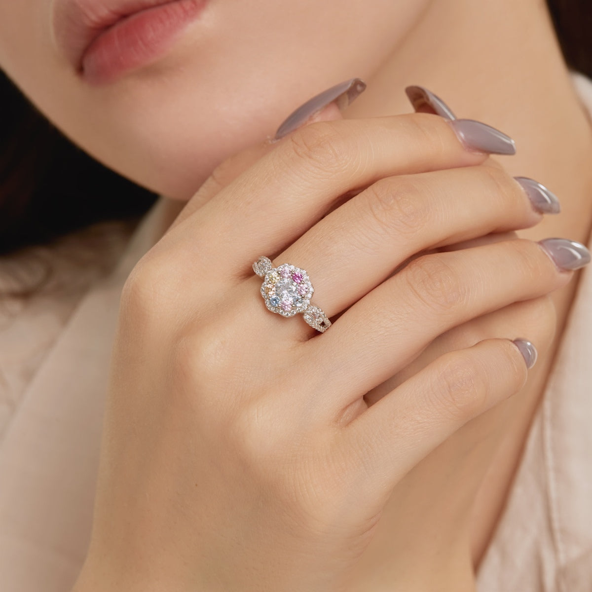 [LuckyStar]Delicate Colorful Round Cut Flower Shape Wedding Ring